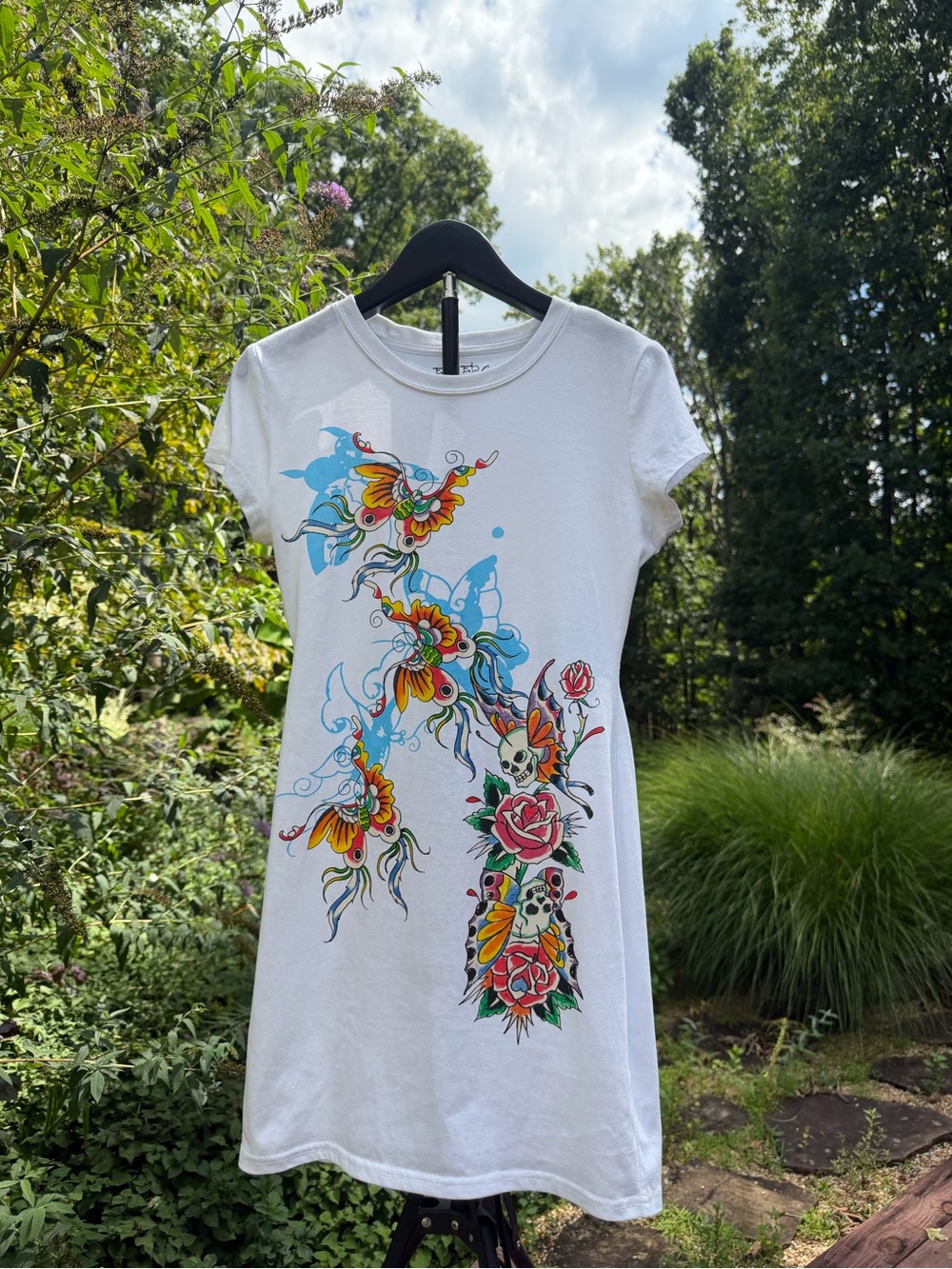 Ed Hardy White Baby Tee Dress with Colorful Tattoo Graphic- Size M
